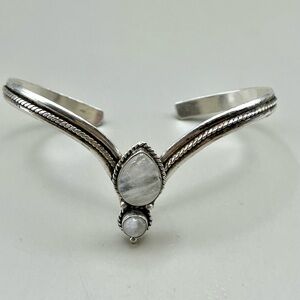 Elegant Sterling Silver Cuff Bracelet with Rainbow Moonstone Gemstone Accents